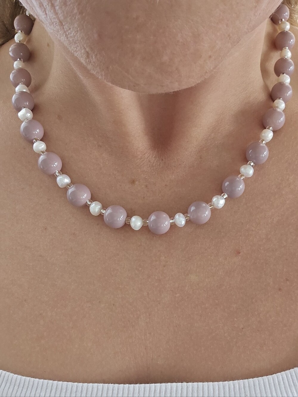 Handcrafted Mauve Bead and Fresh Water Pearl Necklace